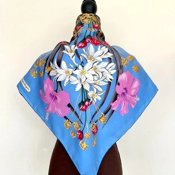 Salvatore Ferragamo Blue and Pink Floral Silk Scarf - Picture 1 of 15
